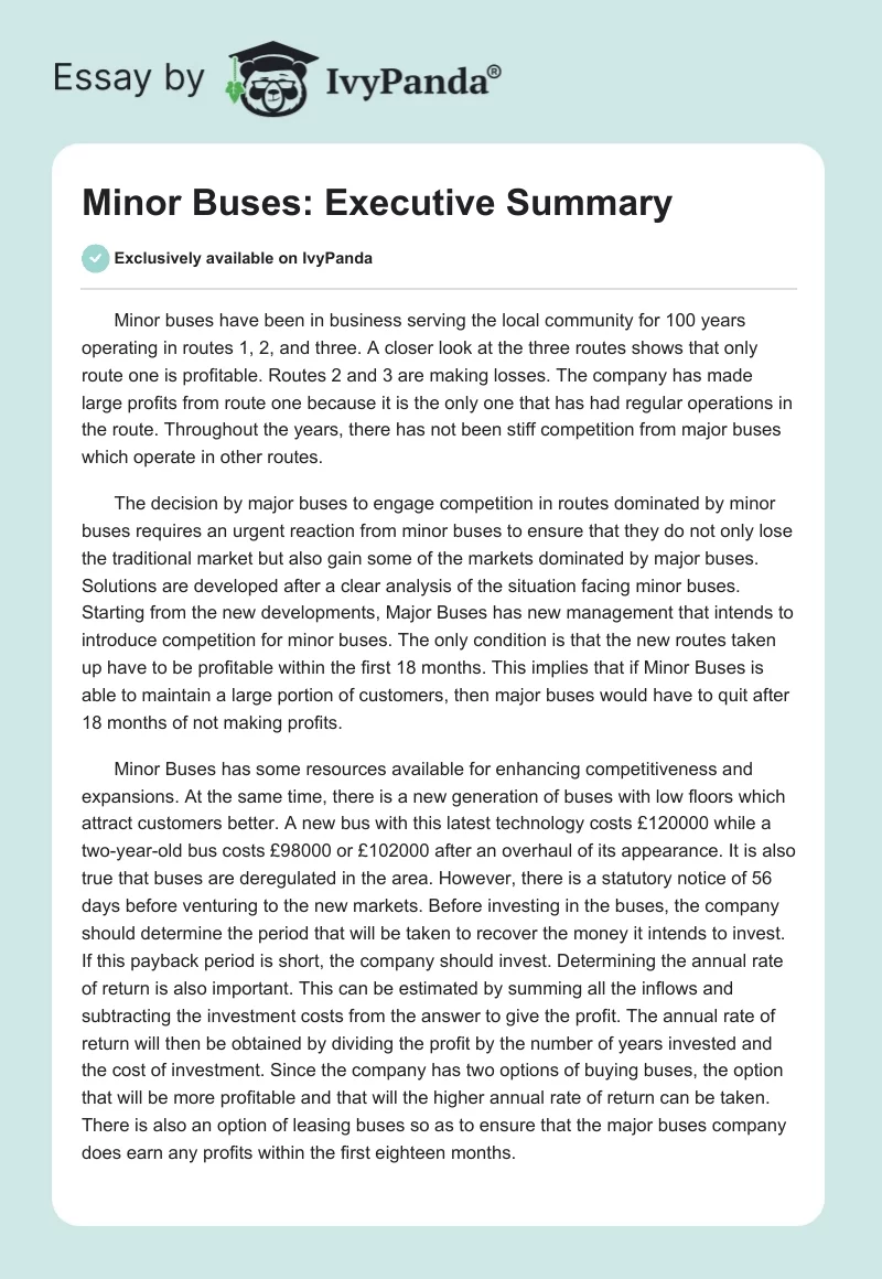 Minor Buses: Executive Summary. Page 1