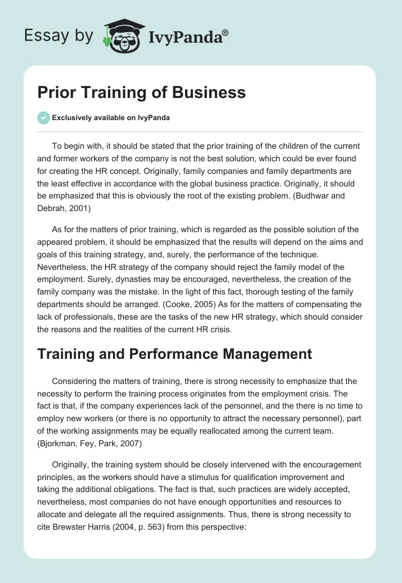 Prior Training of Business. Page 1