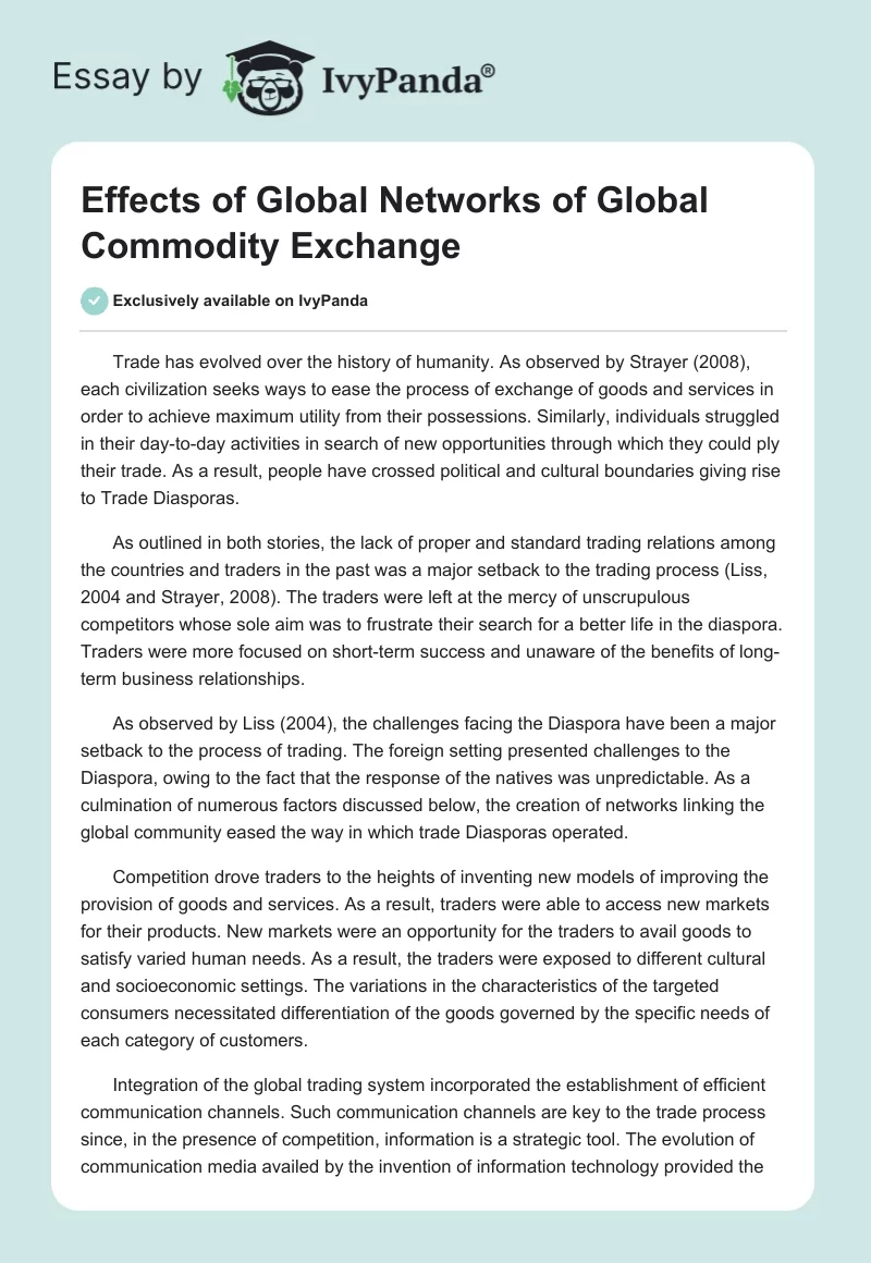 Effects of Global Networks of Global Commodity Exchange. Page 1