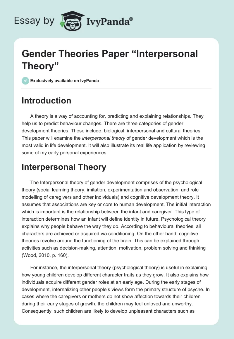 Gender Theories Paper “Interpersonal Theory”. Page 1