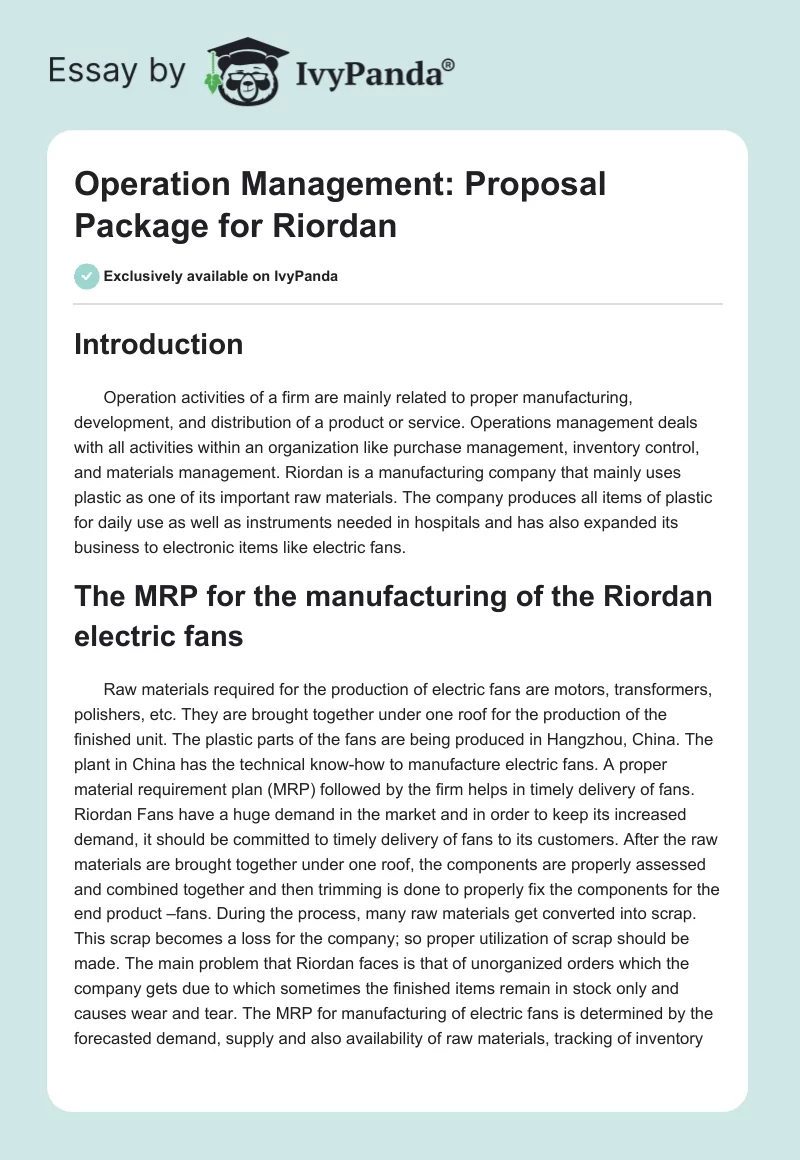 Operation Management: Proposal Package for Riordan. Page 1