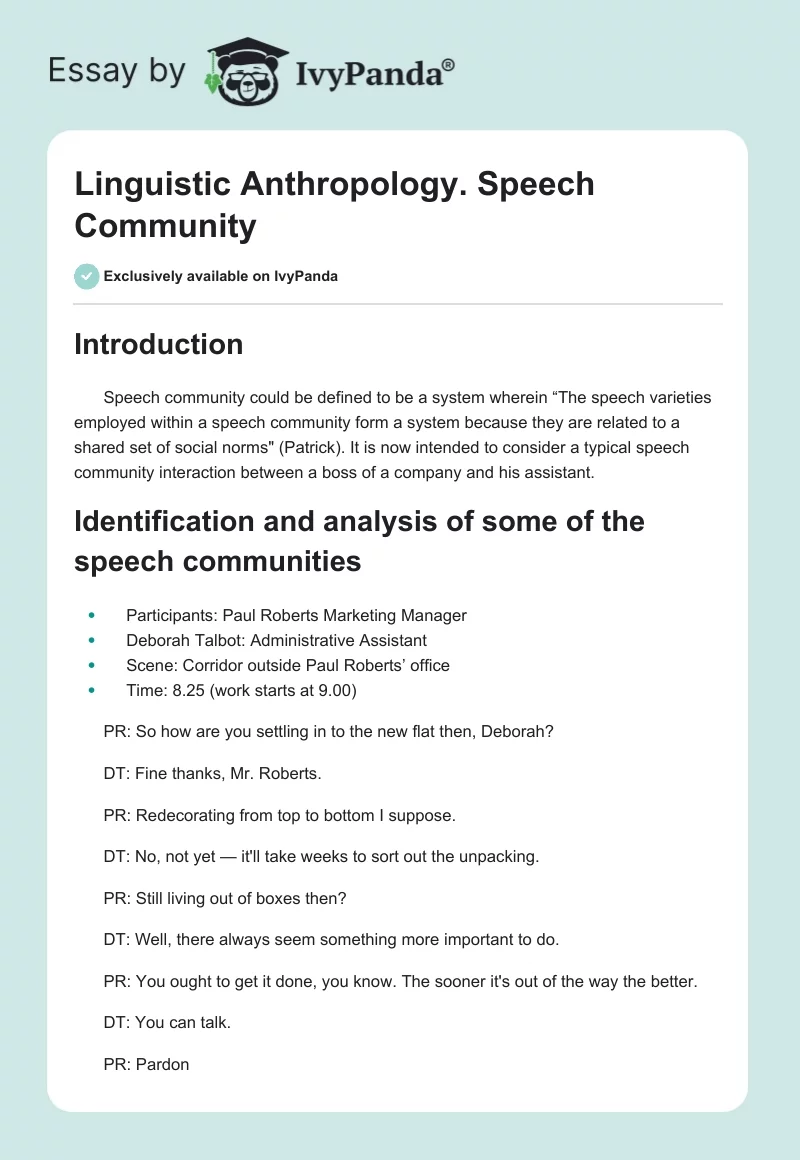 Linguistic Anthropology. Speech Community. Page 1