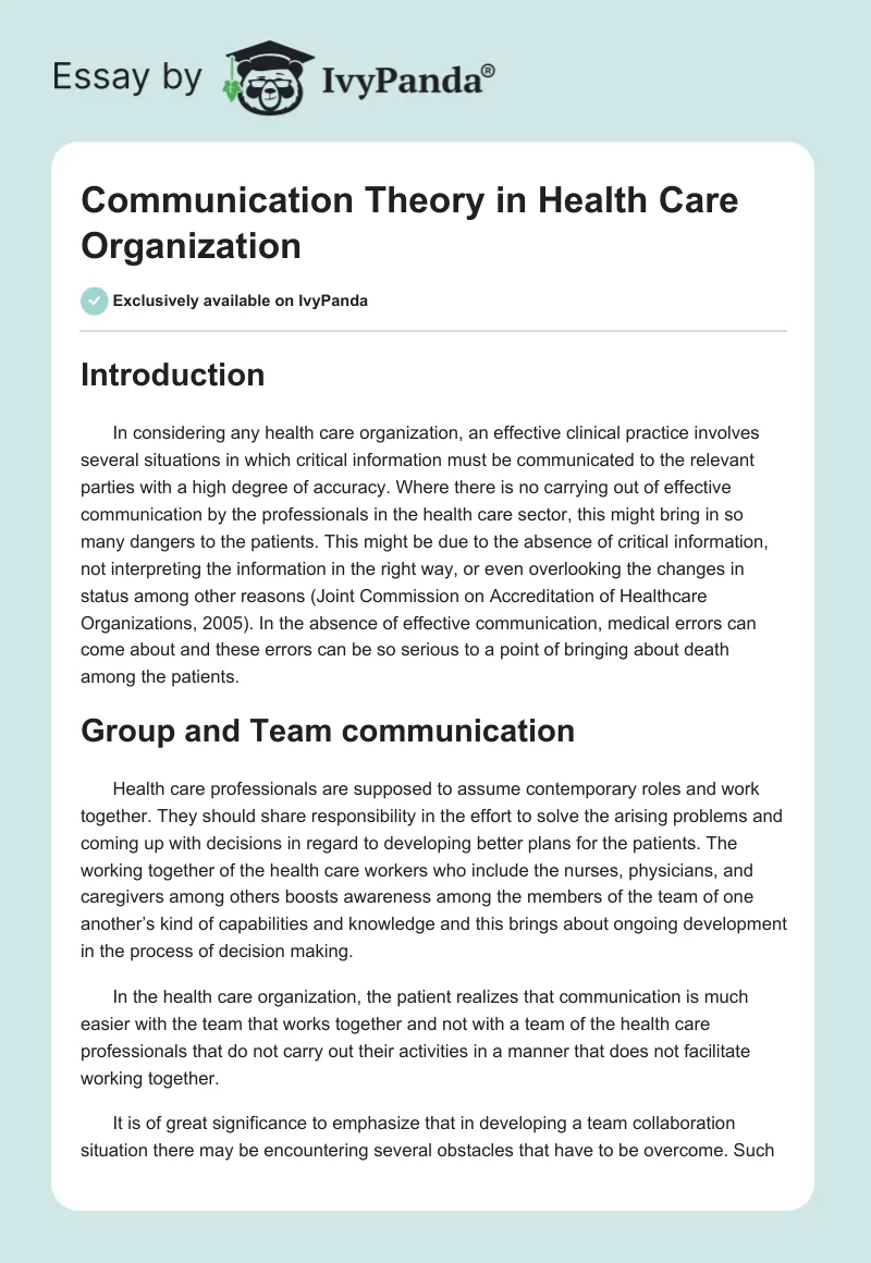 Communication Theory in Health Care Organization. Page 1