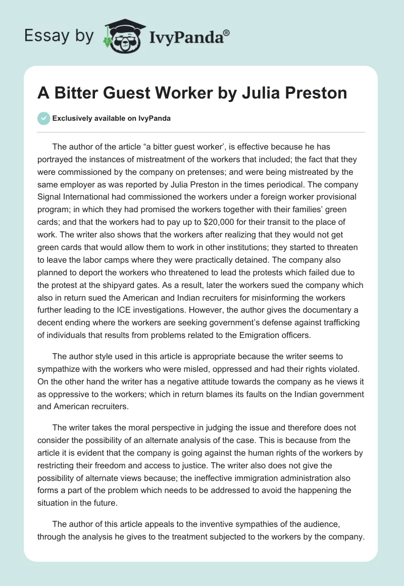"A Bitter Guest Worker" by Julia Preston. Page 1