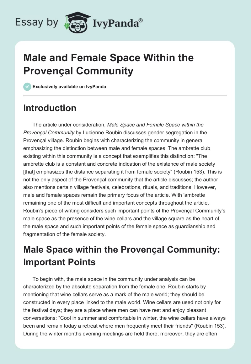 Male and Female Space Within the Provençal Community. Page 1