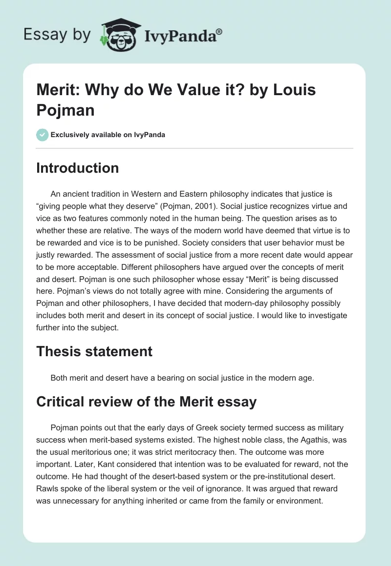 "Merit: Why do We Value it?" by Louis Pojman. Page 1