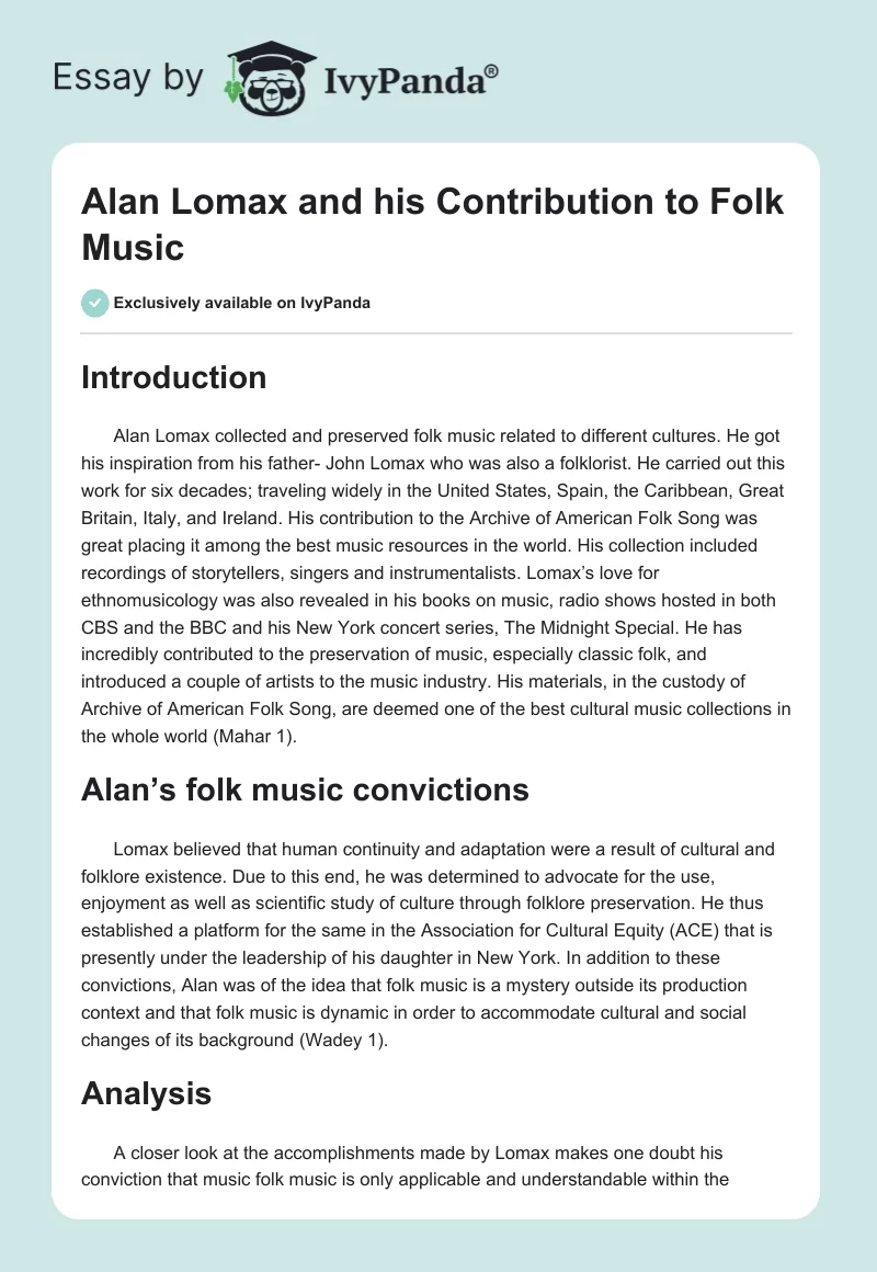 Alan Lomax and his Contribution to Folk Music. Page 1