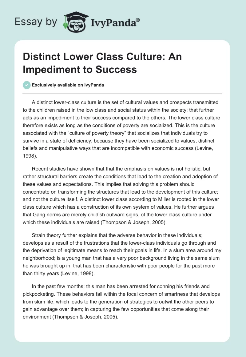 Distinct Lower Class Culture: An Impediment to Success. Page 1