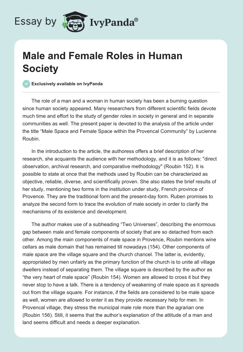 Male and Female Roles in Human Society. Page 1