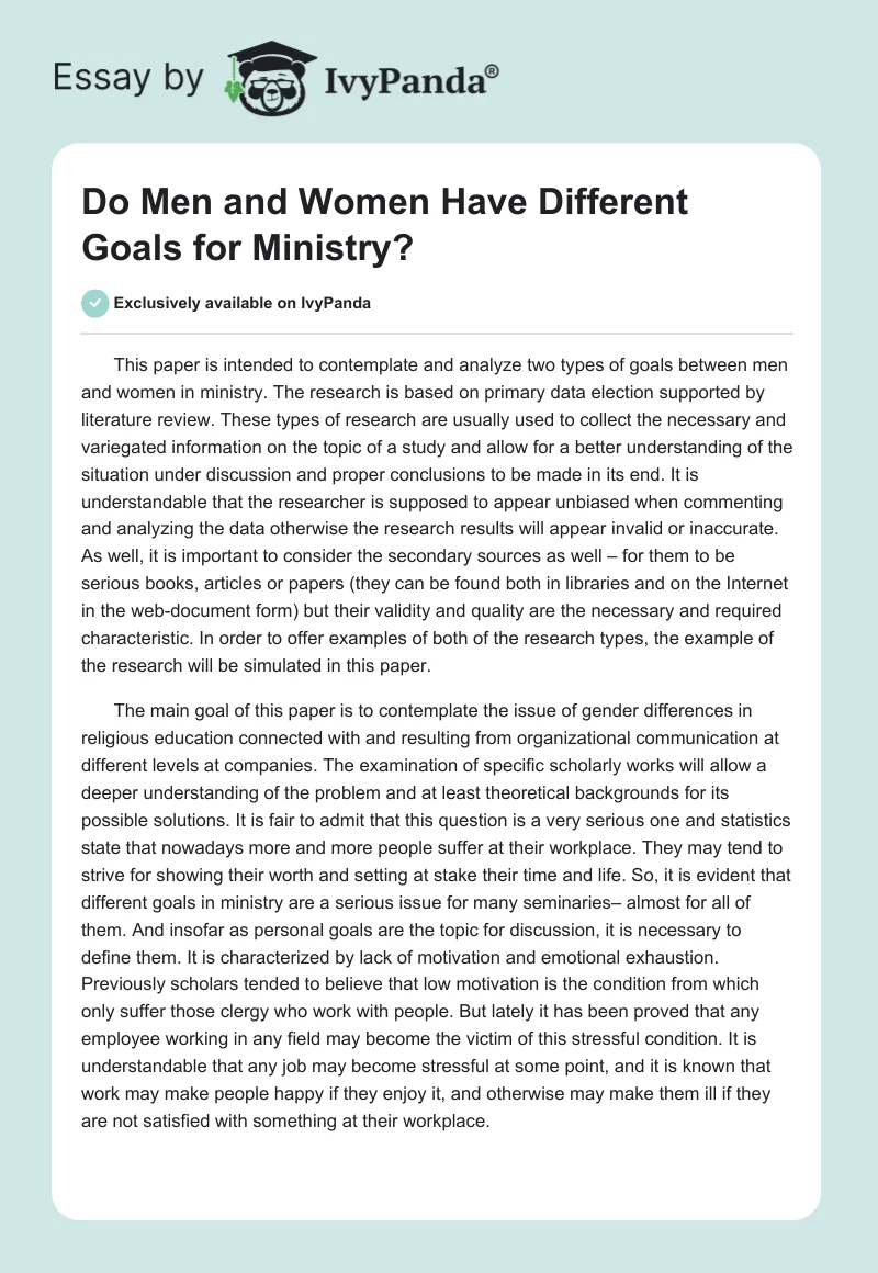 Do Men and Women Have Different Goals for Ministry?. Page 1