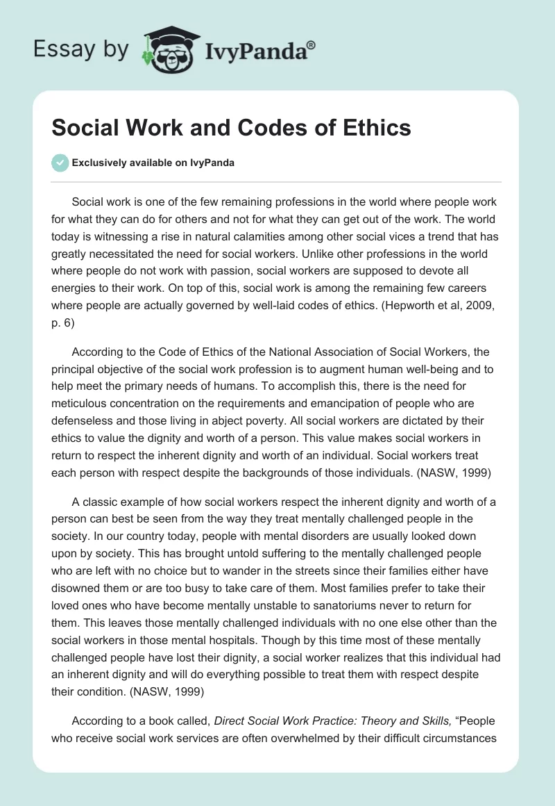 Social Work and Codes of Ethics. Page 1