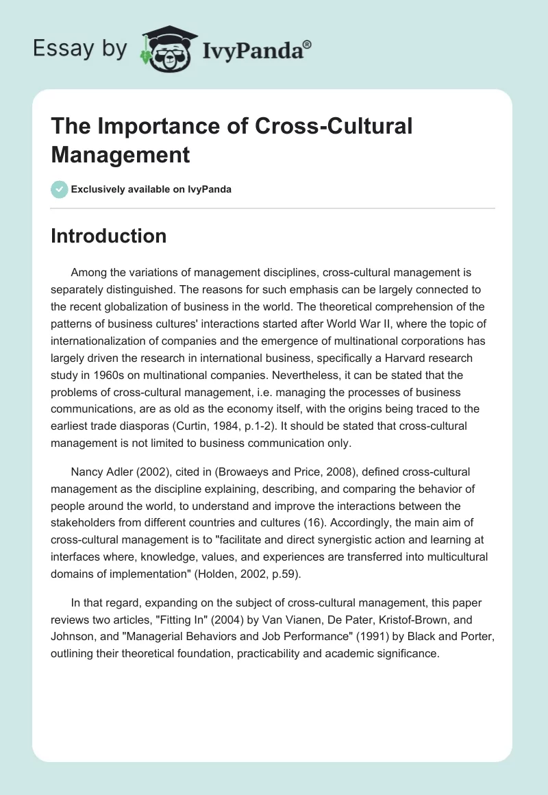 The Importance of Cross-Cultural Management. Page 1