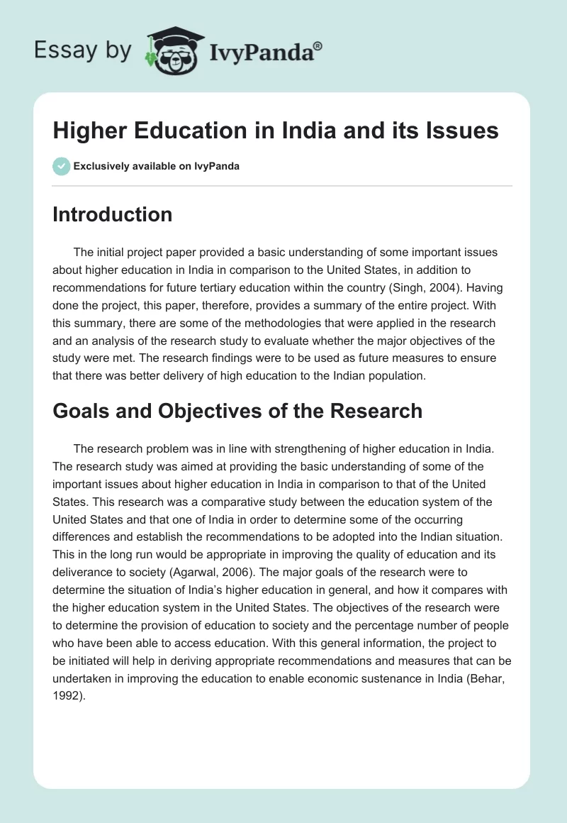 Higher Education in India and its Issues. Page 1