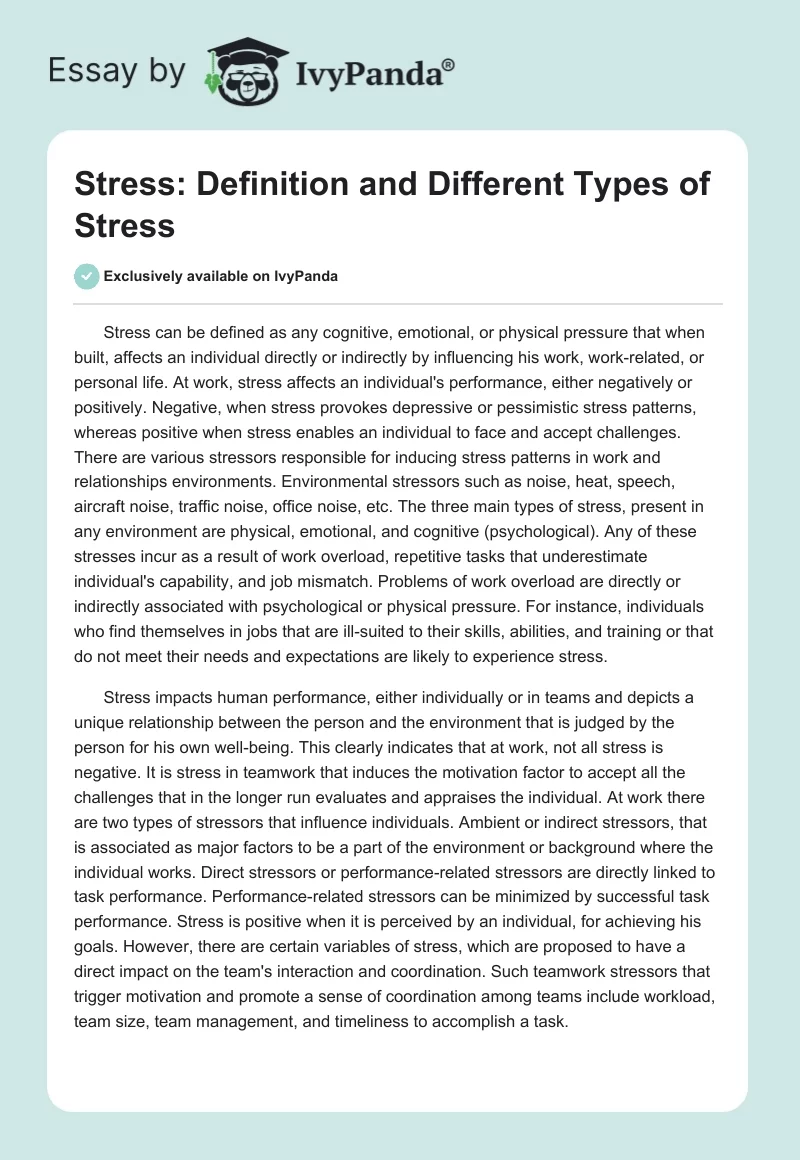 Stress: Definition and Different Types of Stress. Page 1