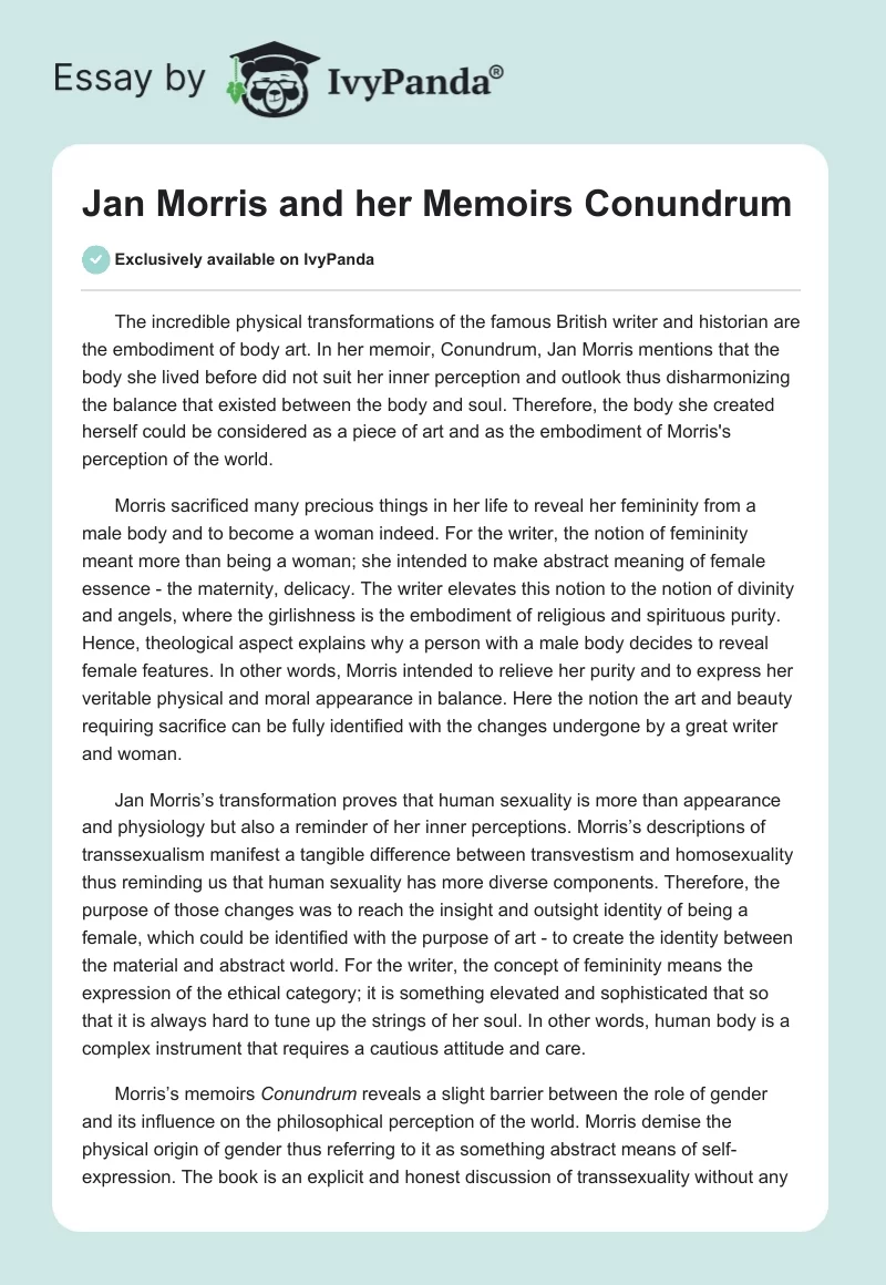 Jan Morris and her Memoirs "Conundrum". Page 1