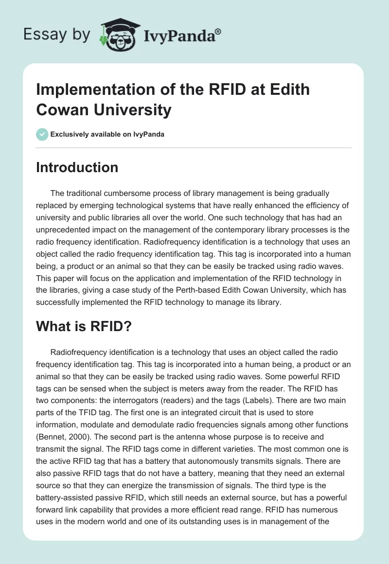 Implementation of the RFID at Edith Cowan University. Page 1