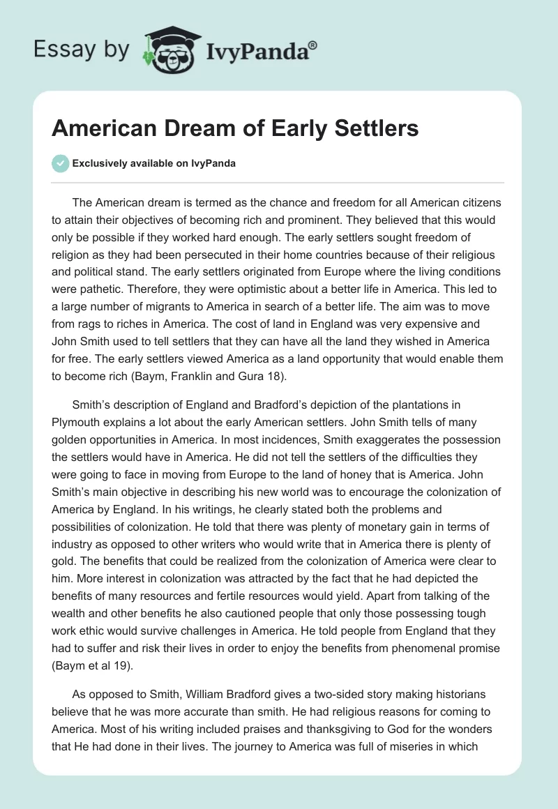 American Dream of Early Settlers. Page 1