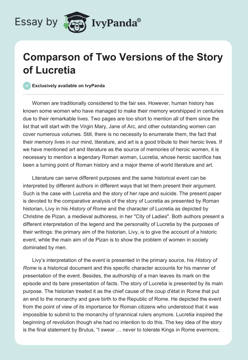 Comparson of Two Versions of the Story of Lucretia. Page 1