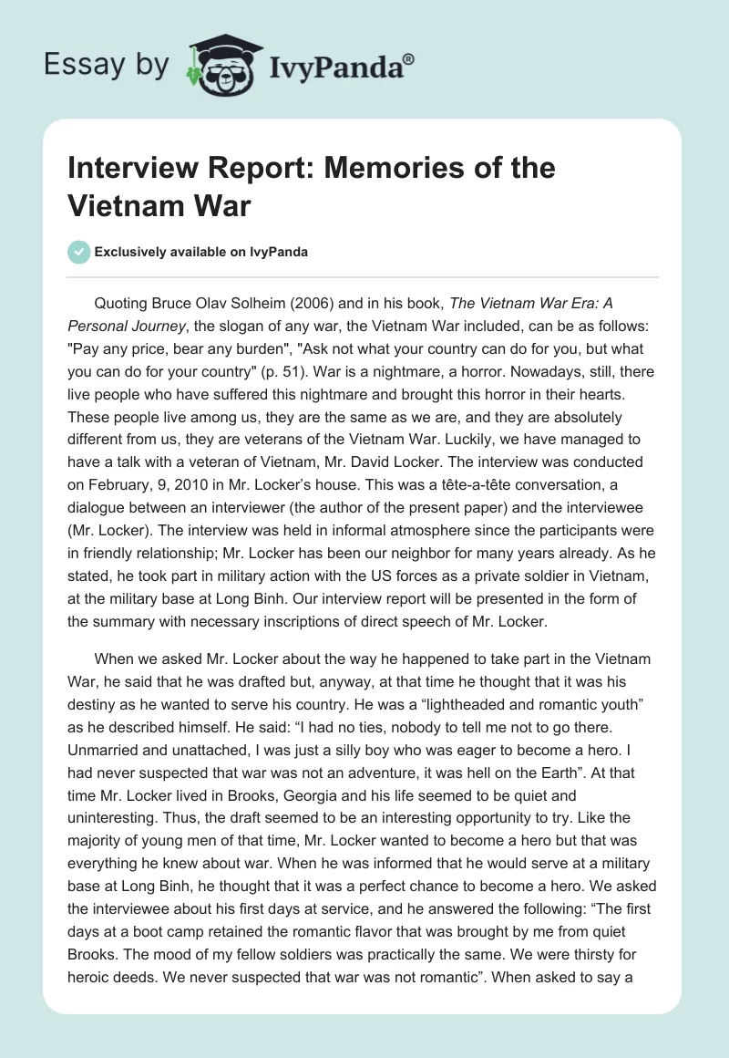Interview Report: Memories of the Vietnam War. Page 1