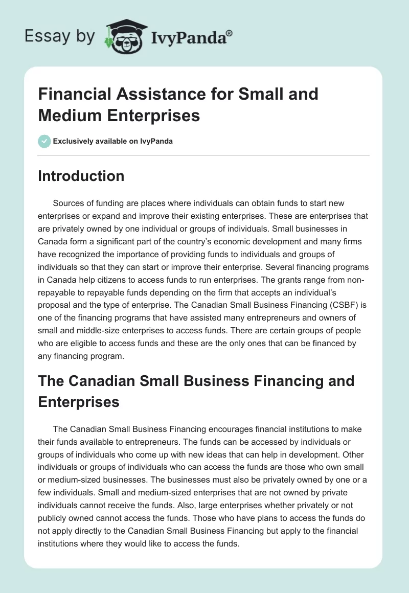 Financial Assistance for Small and Medium Enterprises. Page 1