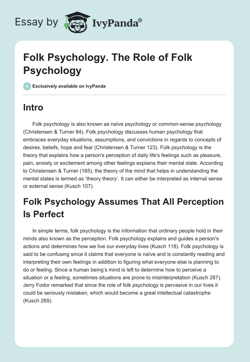 Folk Psychology. The Role of Folk Psychology. Page 1