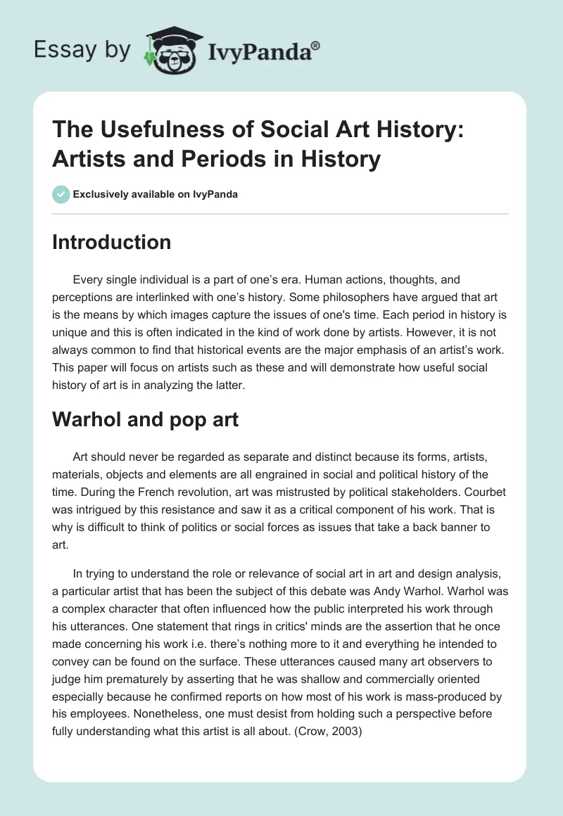 The Usefulness of Social Art History: Artists and Periods in History. Page 1