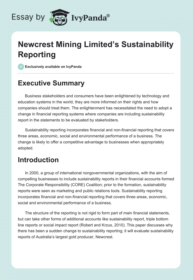 Newcrest Mining Limited’s Sustainability Reporting. Page 1