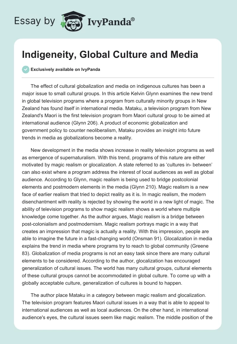 Indigeneity, Global Culture and Media - 1111 Words | Critical Writing ...