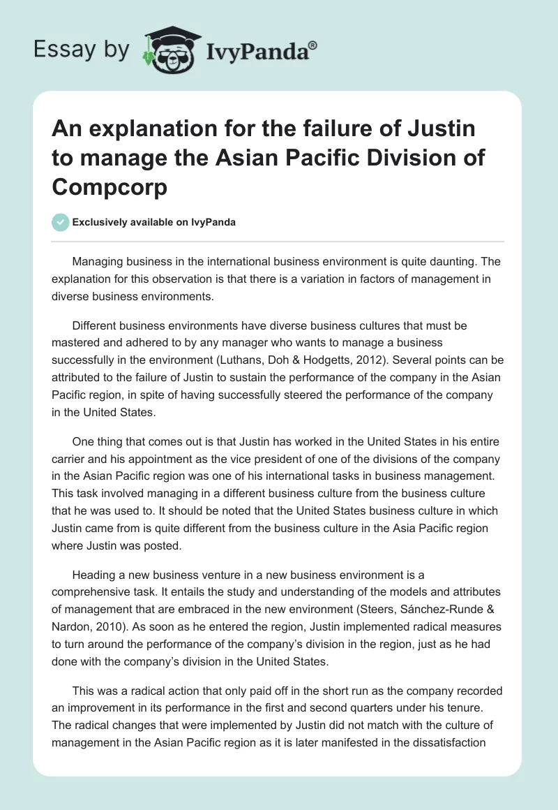 An explanation for the failure of Justin to manage the Asian Pacific Division of Compcorp. Page 1