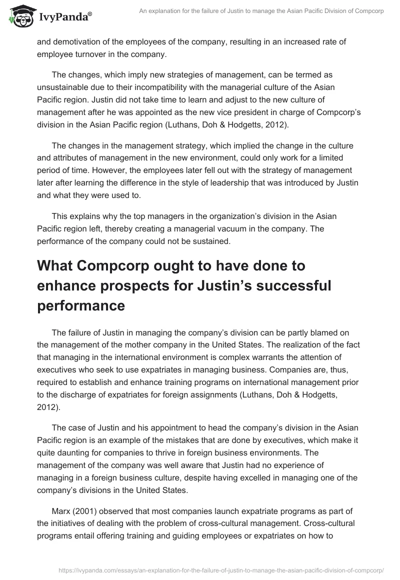 An explanation for the failure of Justin to manage the Asian Pacific Division of Compcorp. Page 2