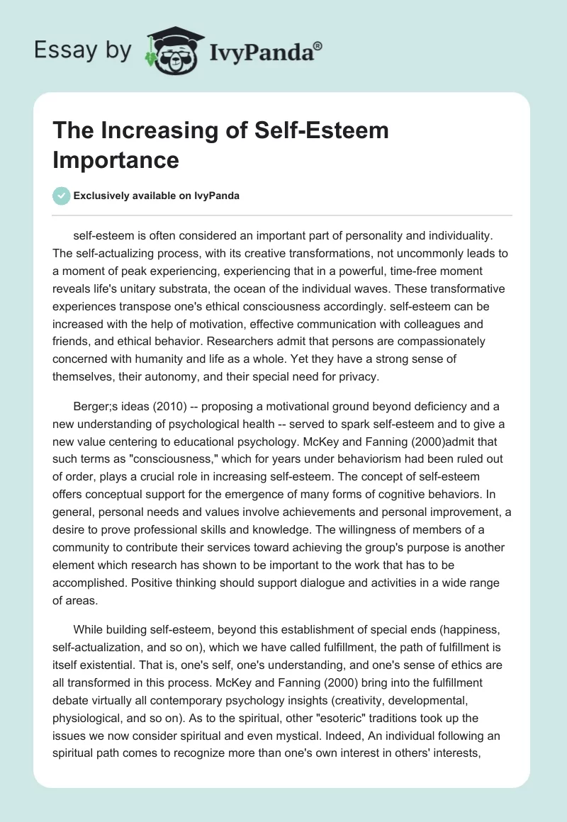 The Increasing of Self-Esteem Importance. Page 1