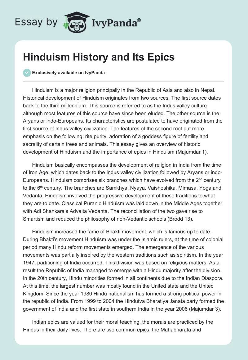 Hinduism History and Its Epics. Page 1