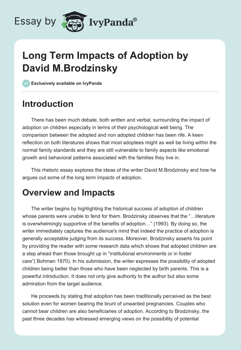 "Long Term Impacts of Adoption" by David M.Brodzinsky. Page 1