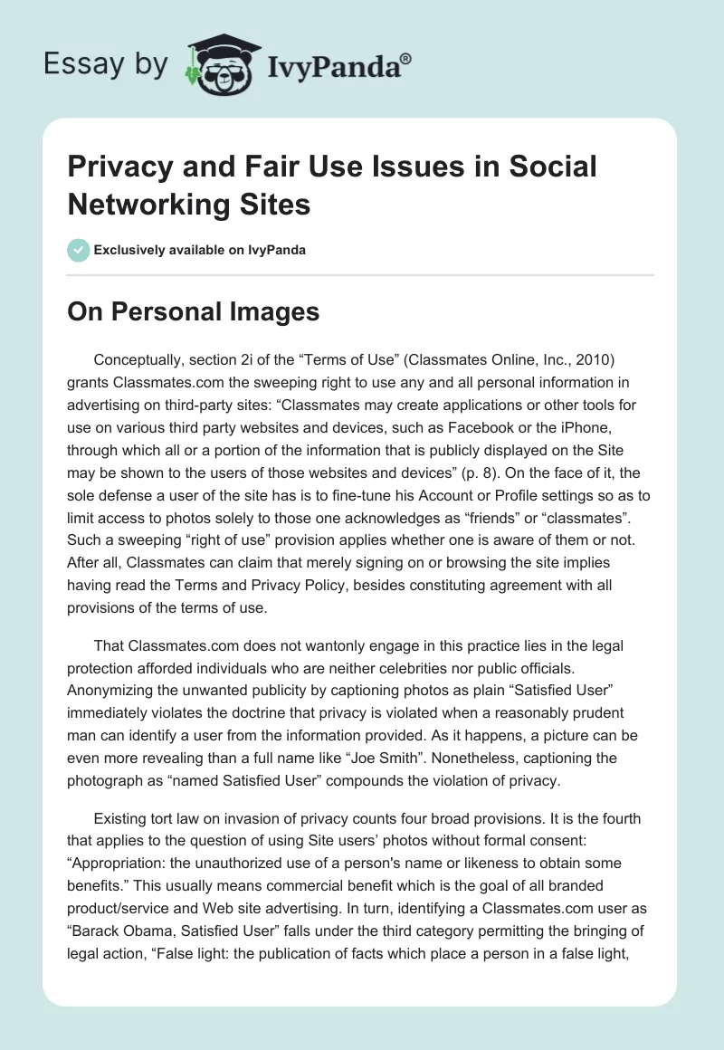 Privacy and Fair Use Issues in Social Networking Sites. Page 1