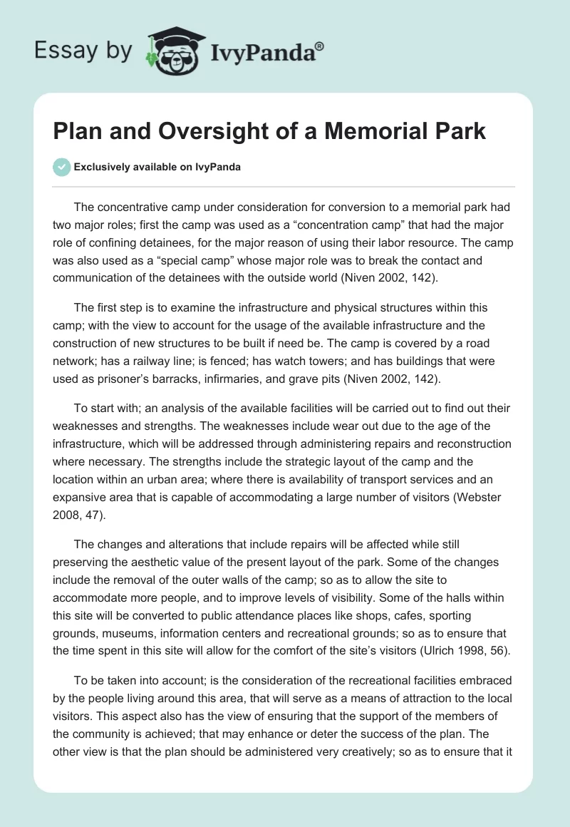 Plan and Oversight of a Memorial Park. Page 1