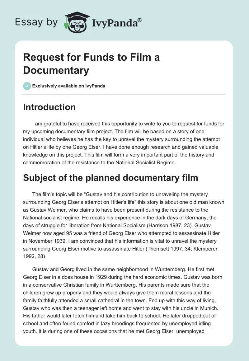Request for Funds to Film a Documentary. Page 1