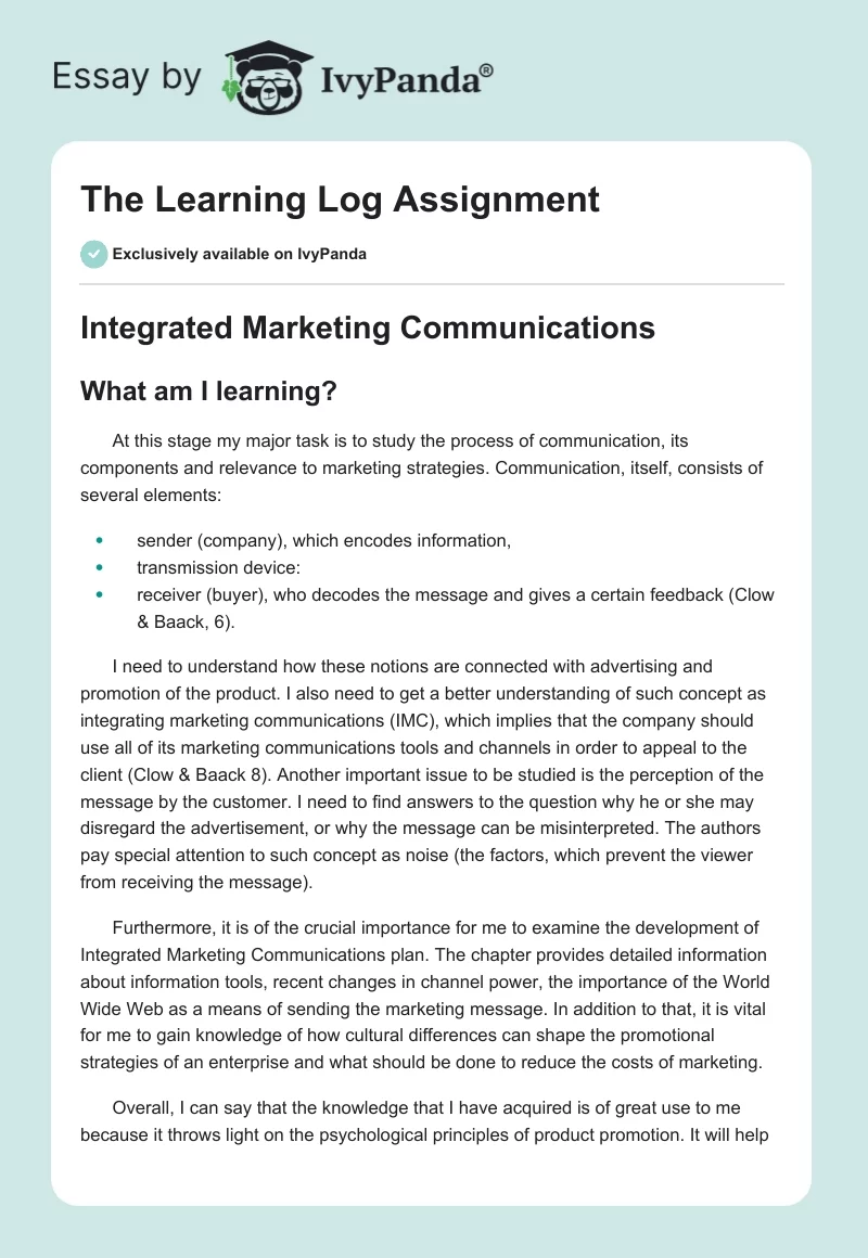 The Learning Log Assignment. Page 1