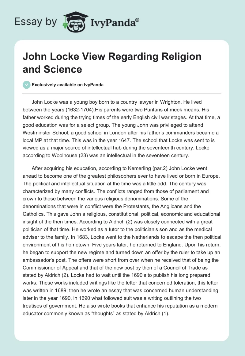 John Locke View Regarding Religion and Science. Page 1