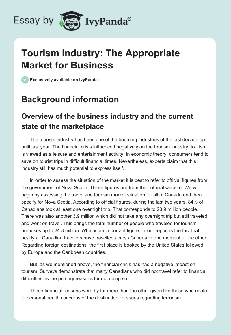 Tourism Industry: The Appropriate Market for Business. Page 1