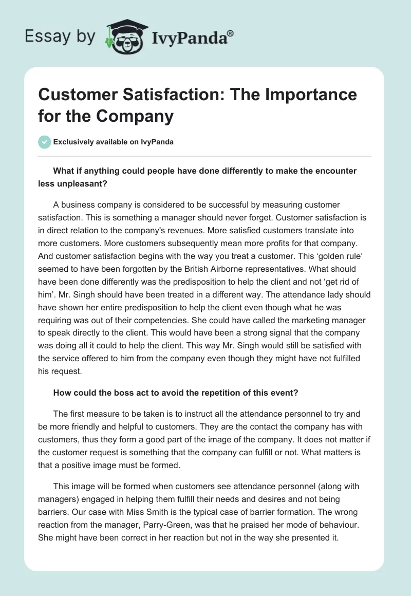 Customer Satisfaction: The Importance for the Company. Page 1