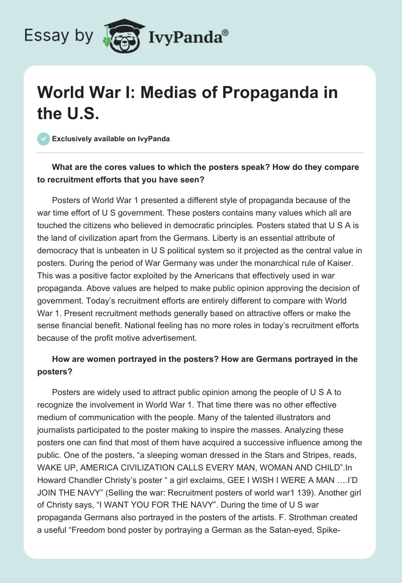 World War I: Medias of Propaganda in the U.S.. Page 1