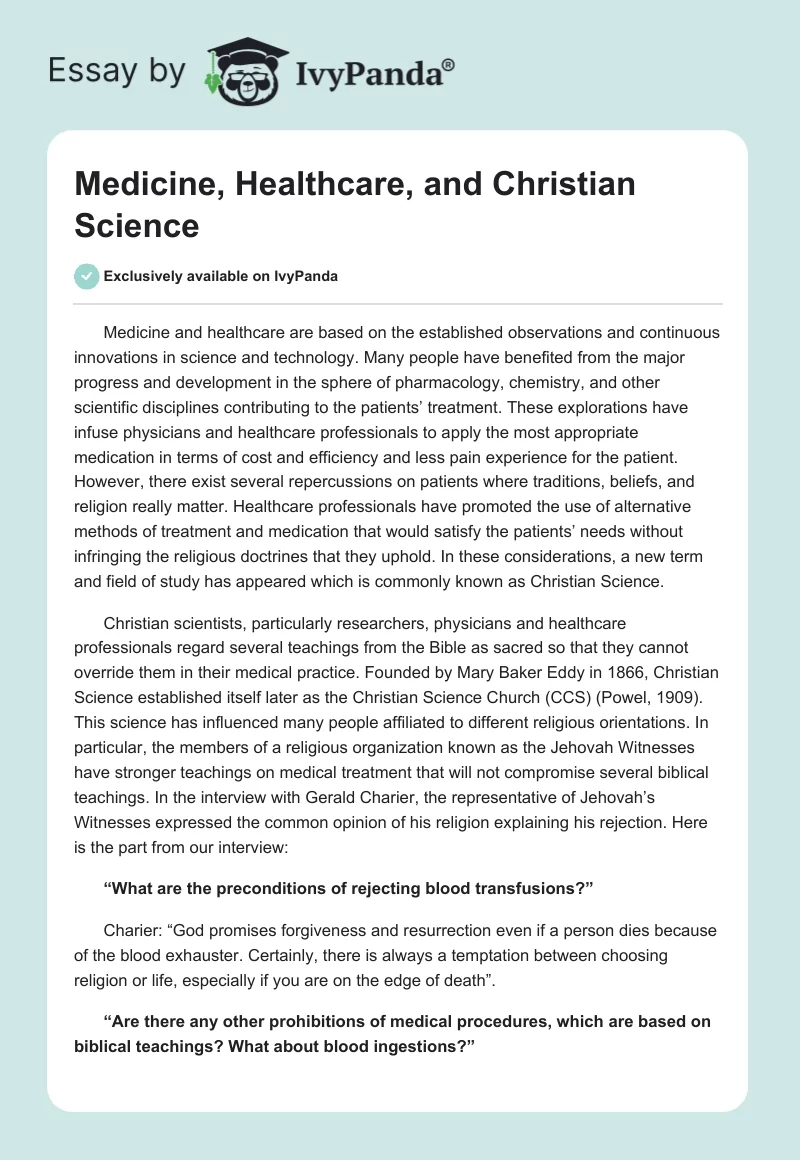 Medicine, Healthcare, and Christian Science. Page 1