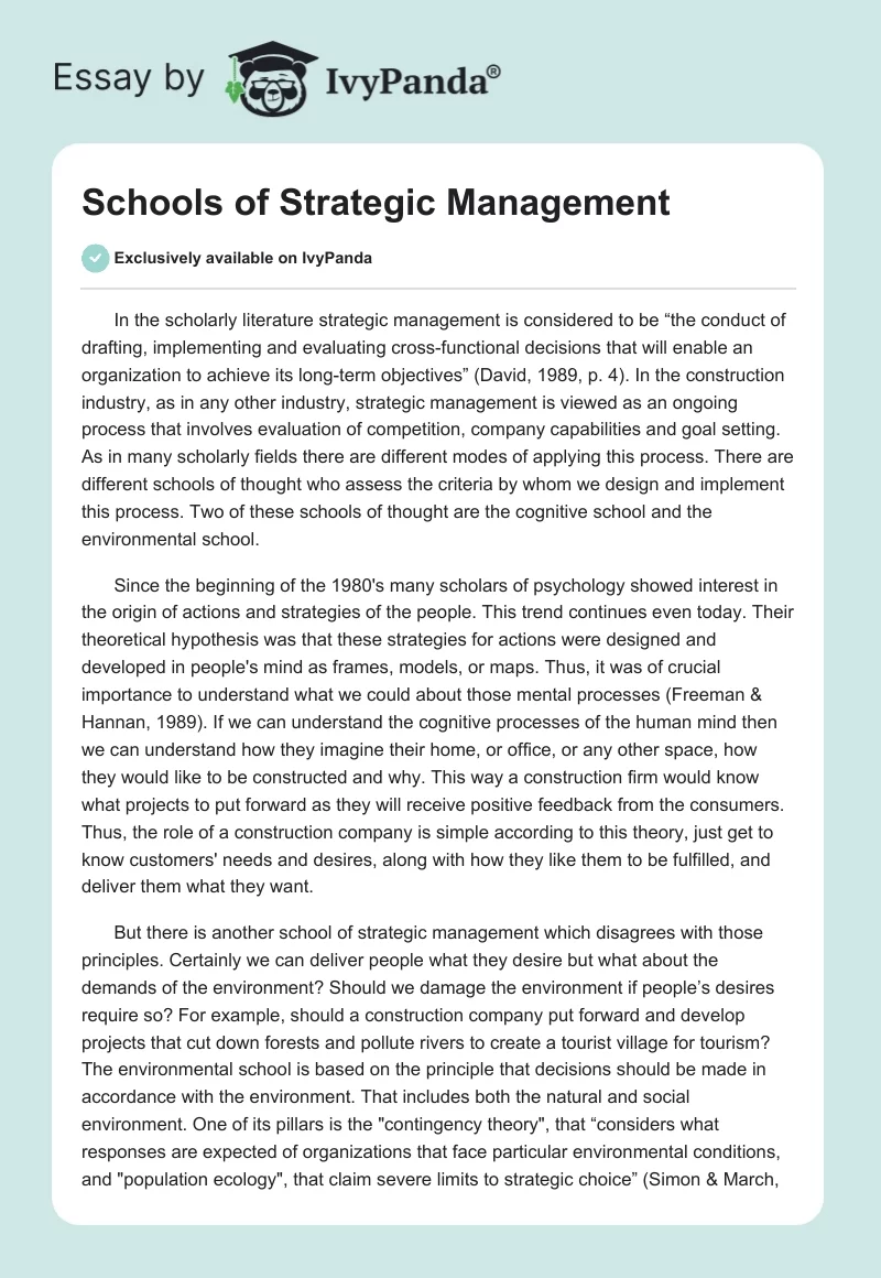 Schools of Strategic Management. Page 1