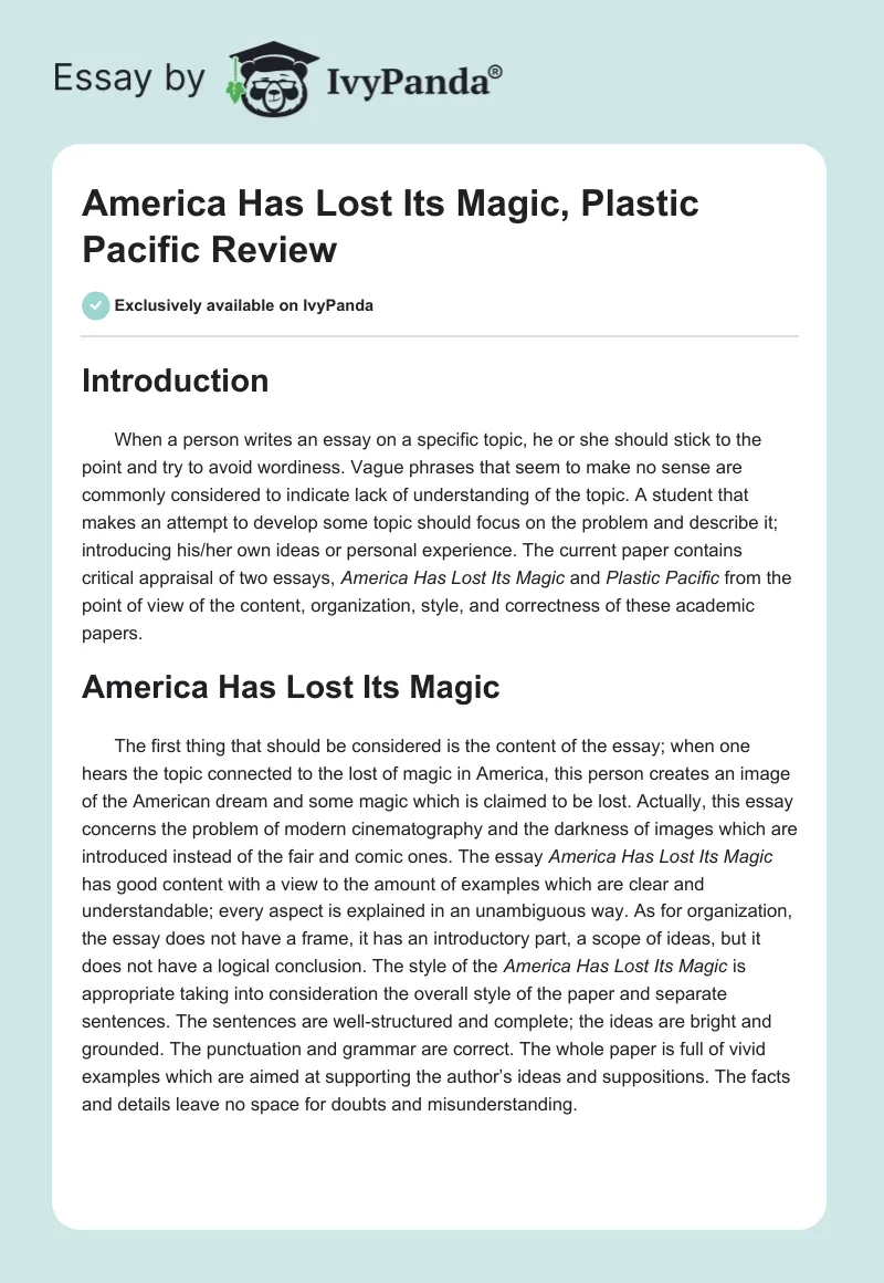 "America Has Lost Its Magic", "Plastic Pacific" Review. Page 1