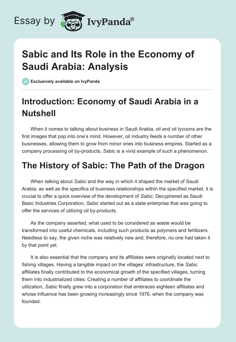 Sabic and Its Role in the Economy of Saudi Arabia: Analysis. Page 1
