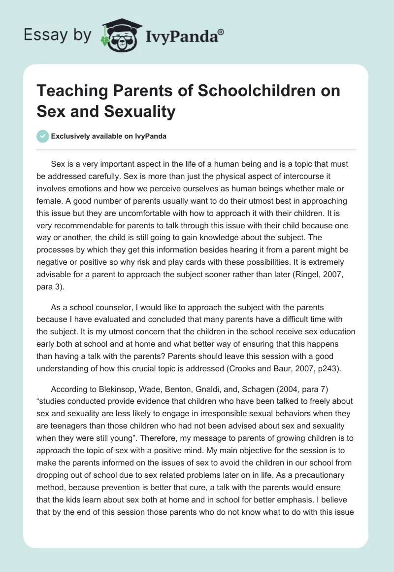 Teaching Parents of Schoolchildren on Sex and Sexuality. Page 1