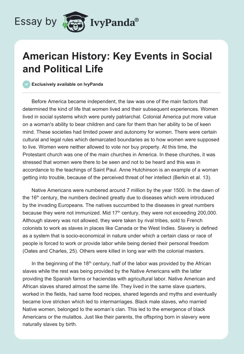American History: Key Events in Social and Political Life. Page 1