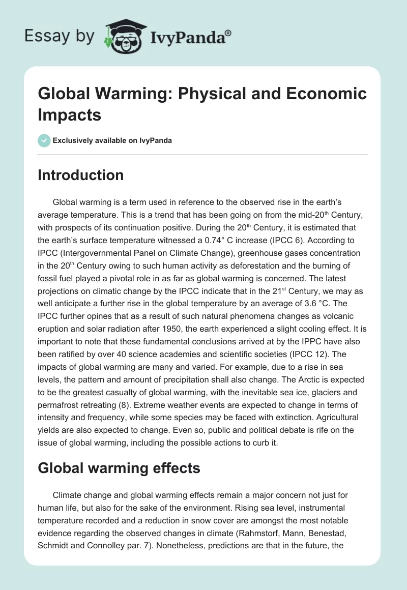 Global Warming: Physical and Economic Impacts. Page 1