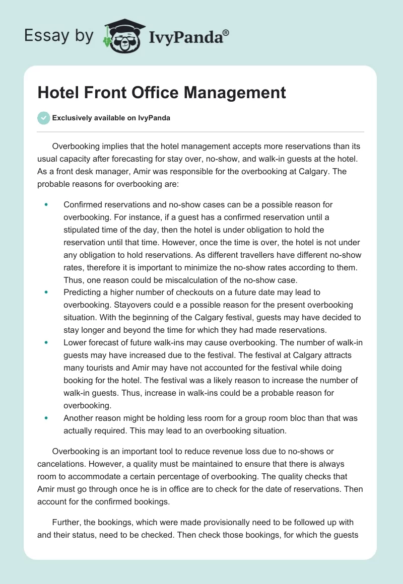 Hotel Front Office Management. Page 1