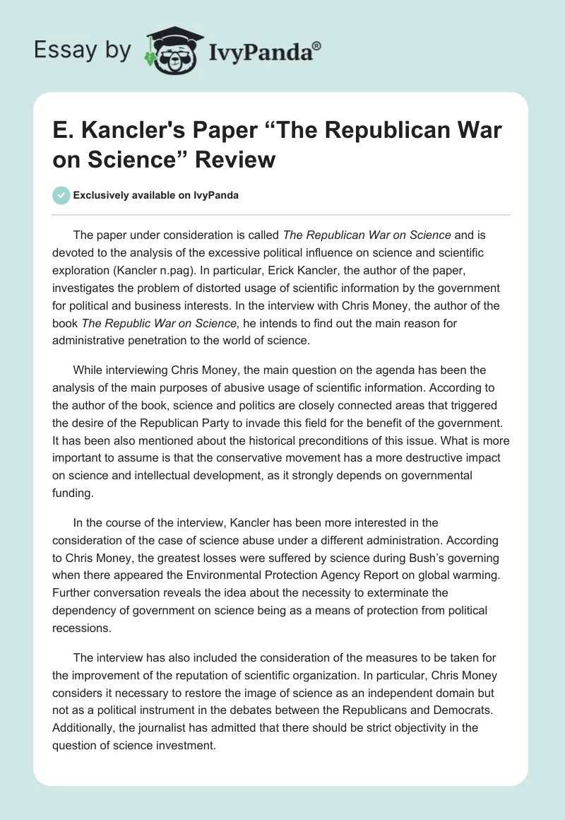 E. Kancler's Paper “The Republican War on Science” Review. Page 1